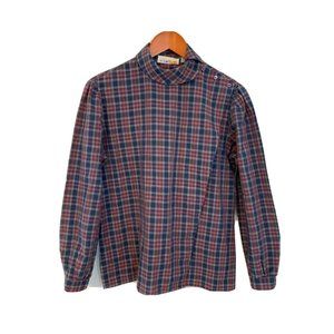 Vtg Astor One Button Down Plaid Blouse Puff Sleeve Navy 80's Western approx sz M